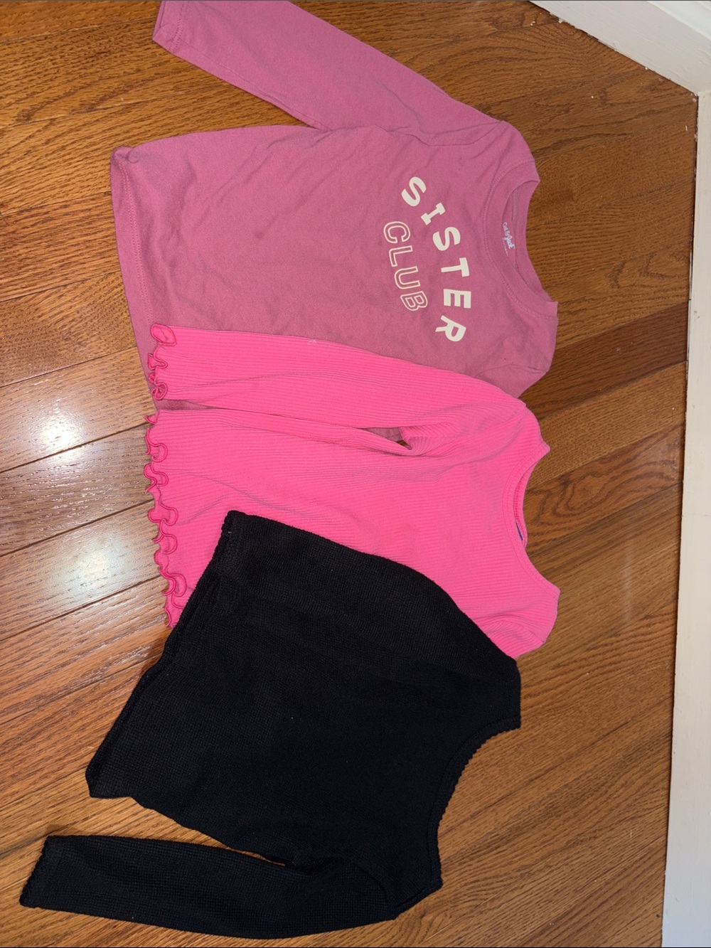 Sister Club Pink Graphic Tee + Pink Ruffle Top & Black Knit Sweater Bundle
